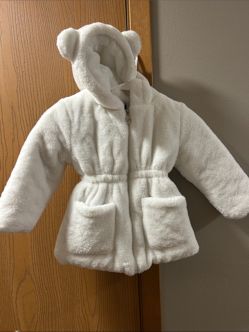 White Plush Hooded Baby Coat with Bear Ears